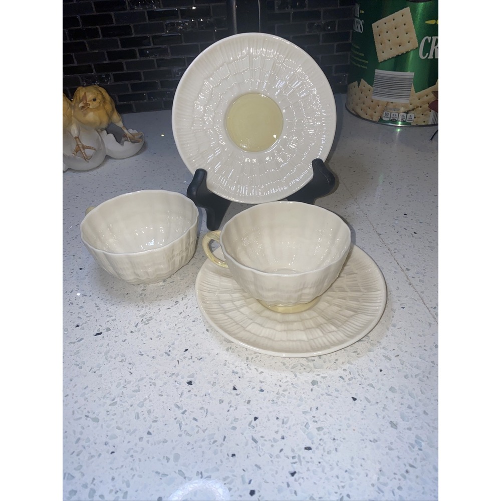 2 Pair Belleek Tridacna Teacup Yellow Handle Ivory Ireland Parian China 6th mark